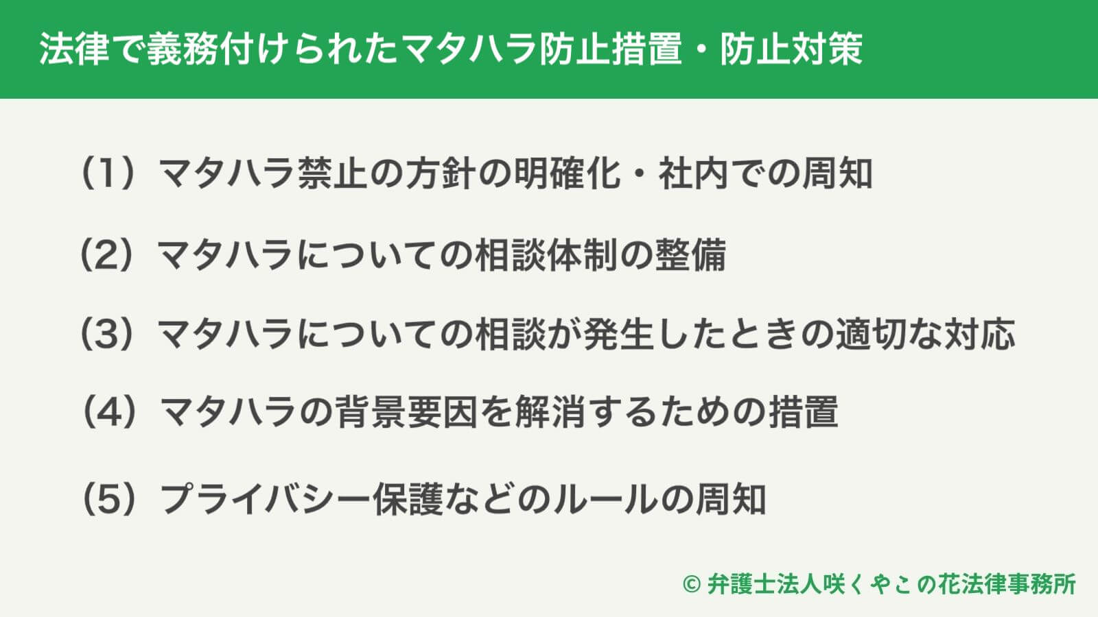 法律で義務付けられたマタハラ防止措置・防止対策の5つの内容