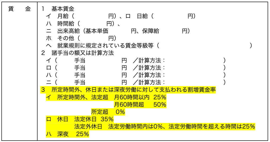 労働条件通知書の割増賃金率の記載例