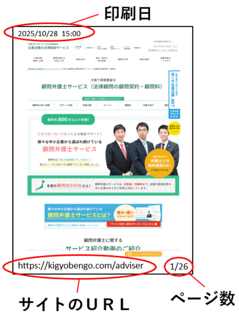 ウェブサイトをPDF印刷した際のイメージ図